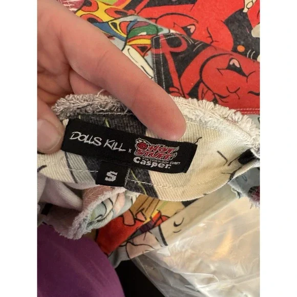 Dolls Kill x Hot Stuff Casper Patchwork Wide Leg Jeans Y2K Cartoon S 15in Rare - Picture 6 of 10